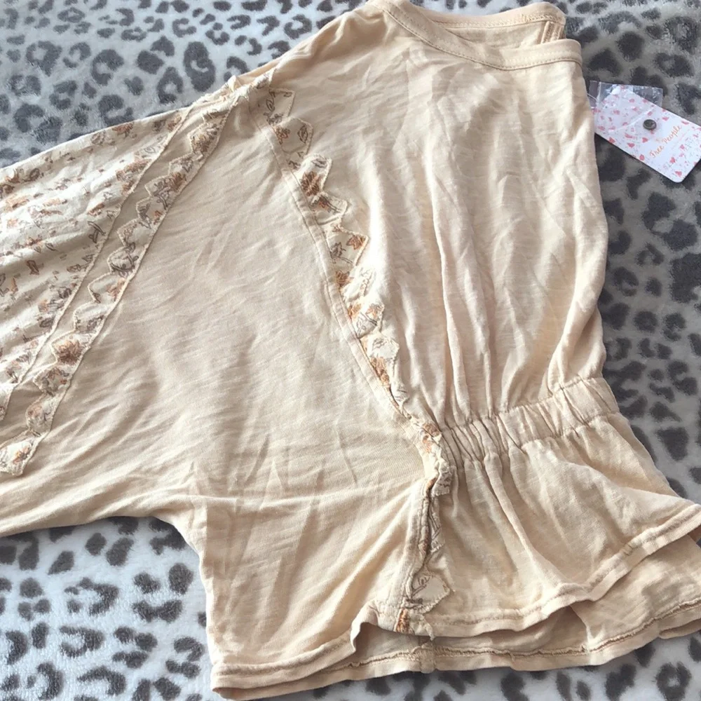 Free People Throwback Embroidered Volume Sleeve Top in Sand Combo Size S…